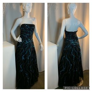 ❌SOLD❌ Bateau Boat Neck Vintage Teal Sequin Ball Gown Long Prom Dress